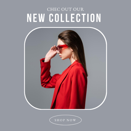 Fashion New Collection Offer with Woman in Red Glasses Instagram tervezősablon