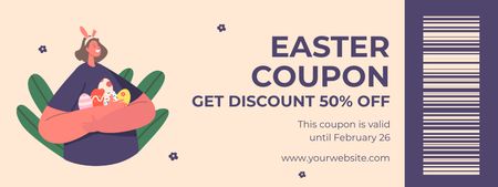 Easter Discount Offer with Smiling Woman Holding Colored Easter Eggs Coupon Design Template