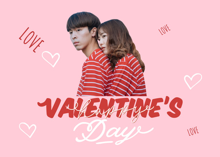 Happy Valentine's Day Greetings with Hugging Asian Couple Card Design Template