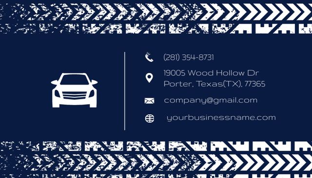 Ontwerpsjabloon van Business Card US van Car Service Ad with Tire Prints on Blue