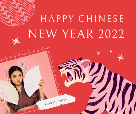 Plantilla de diseño de Chinese New Year Greeting with Woman and Tiger Facebook 