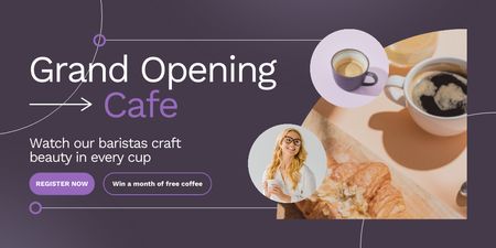 Plantilla de diseño de Café de gran inauguración con croissant y café. Twitter 