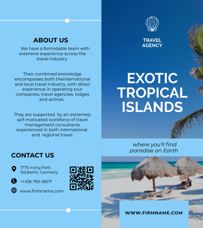 Exotic Vacations Offer with Palm Tree on Beach Brochure 9x8in Bi-fold Design Template