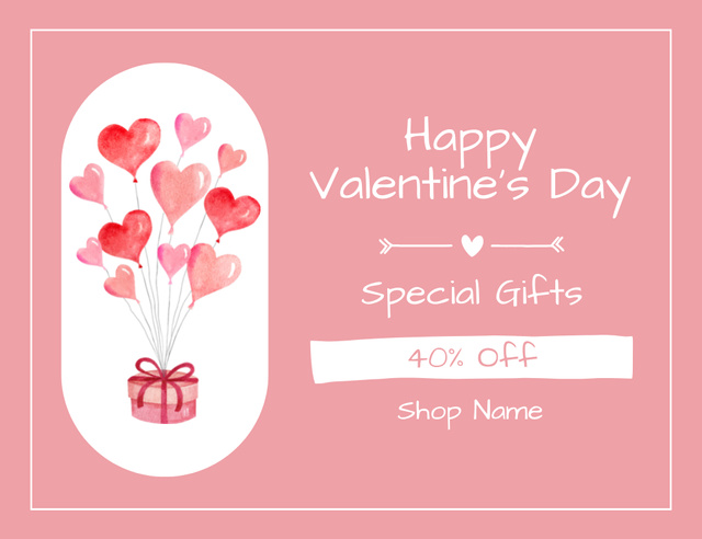 Announcement of Special Valentine's Day Discount on Presents With Heart Shaped Balloons Thank You Card 5.5x4in Horizontal Design Template