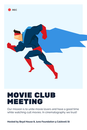 Movie Club Meeting with Man in Superhero Costume Pinterest Design Template