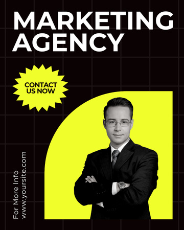 Oferta de serviço de agência de marketing em preto e amarelo Instagram Post Vertical Modelo de Design