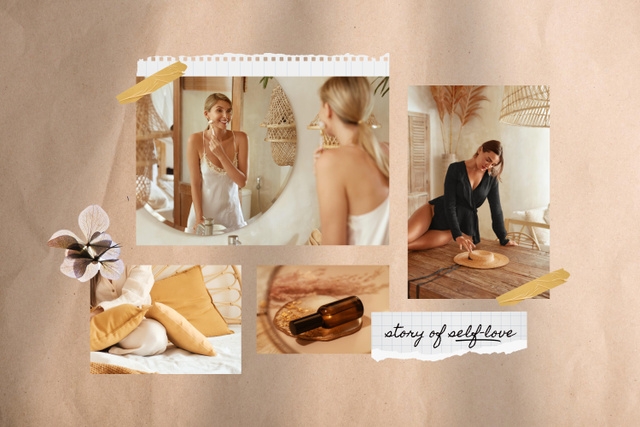 Skincare with Beautiful Young Women on Beige Mood Board Design Template