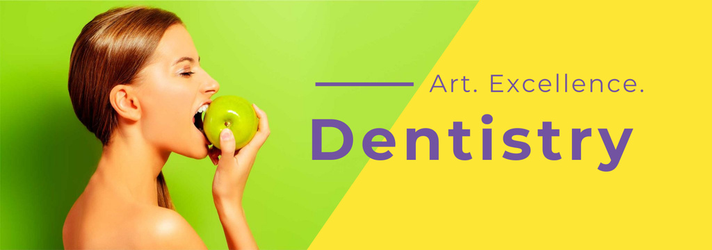 Dentistry Woman Biting Apple On A Green Yellow Background Tumblr – шаблон для дизайна