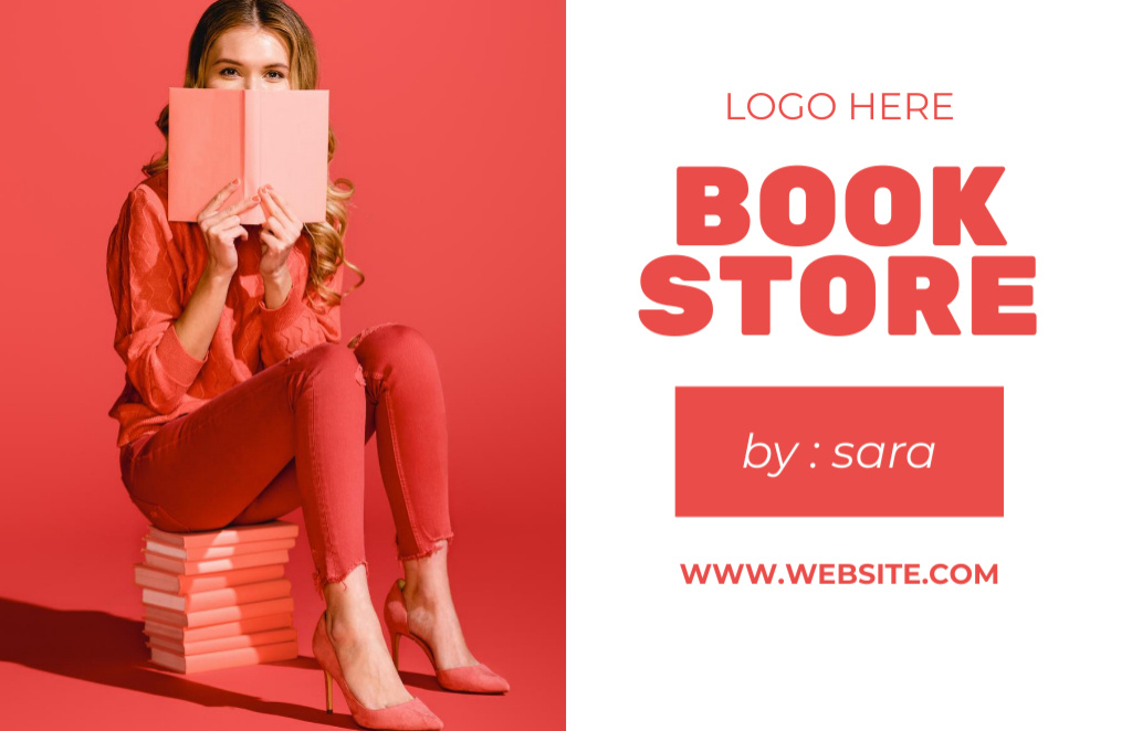 Plantilla de diseño de Bookstore Ad with Woman sitting on Stack of Books Business Card 85x55mm 