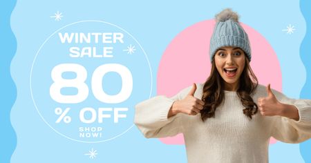 Winter Collection Discount Announcement with Cheerful Young Woman Facebook AD Design Template