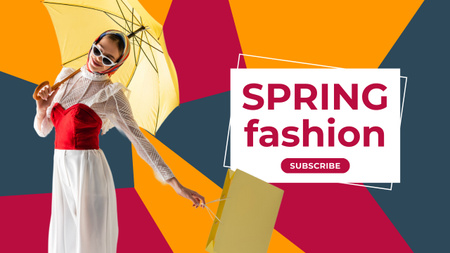 Ontwerpsjabloon van Youtube Thumbnail van Bright Spring Sale aankondiging met vrouw met paraplu