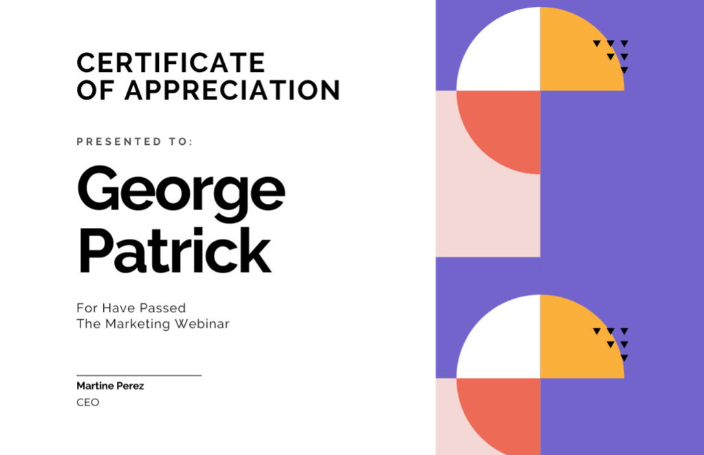 Appreciation for Passing Marketing Webinar with Geometric Pattern Certificate 5.5x8.5in Design Template