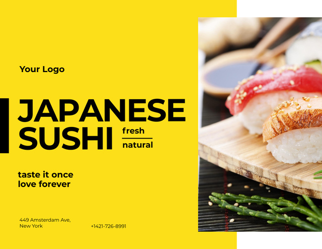Template di design Japanese Restaurant Advertisement with Appetizing Sushi Flyer 8.5x11in Horizontal