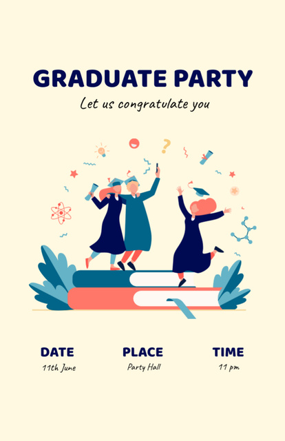Graduation Party With Illustrated Students Invitation 5.5x8.5in Tasarım Şablonu