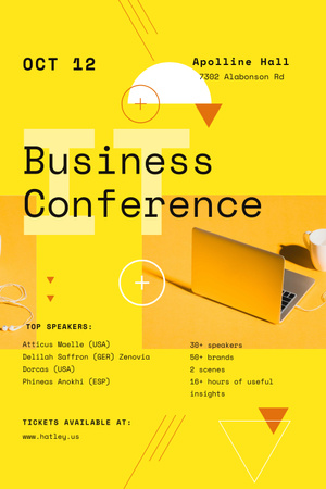 Business Conference Announcement with Laptop in Yellow Pinterest Šablona návrhu