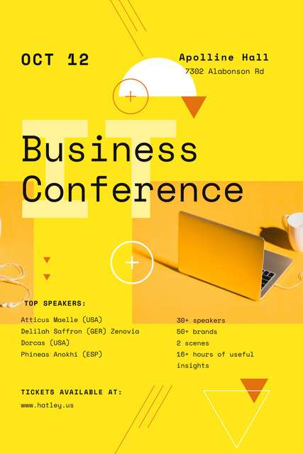 Business Conference Announcement with Laptop in Yellow Pinterest Modelo de Design