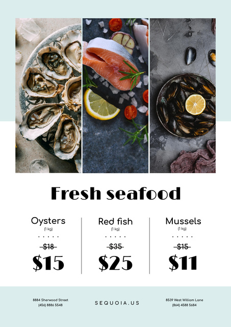 Seafood Offer with Fresh Salmon and Mollusks Poster Modelo de Design