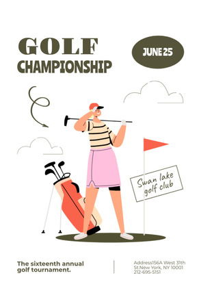 Golf Championship Announcement with Cartoon Woman with Stick Invitation 5.5x8.5inデザインテンプレート