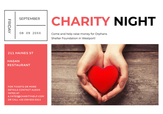 Plantilla de diseño de Charity Event Announcement with Hands Holding Red Heart Flyer A5 Horizontal 