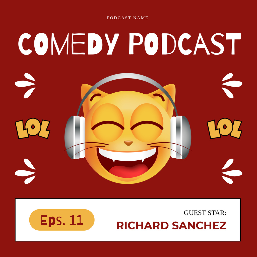 Comedy Episode Ad with Funny Cat in Headphones Podcast Cover Modelo de Design