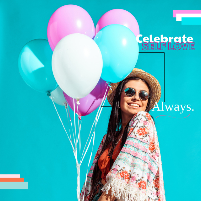Designvorlage Happy Young Woman with Balloons für Instagram