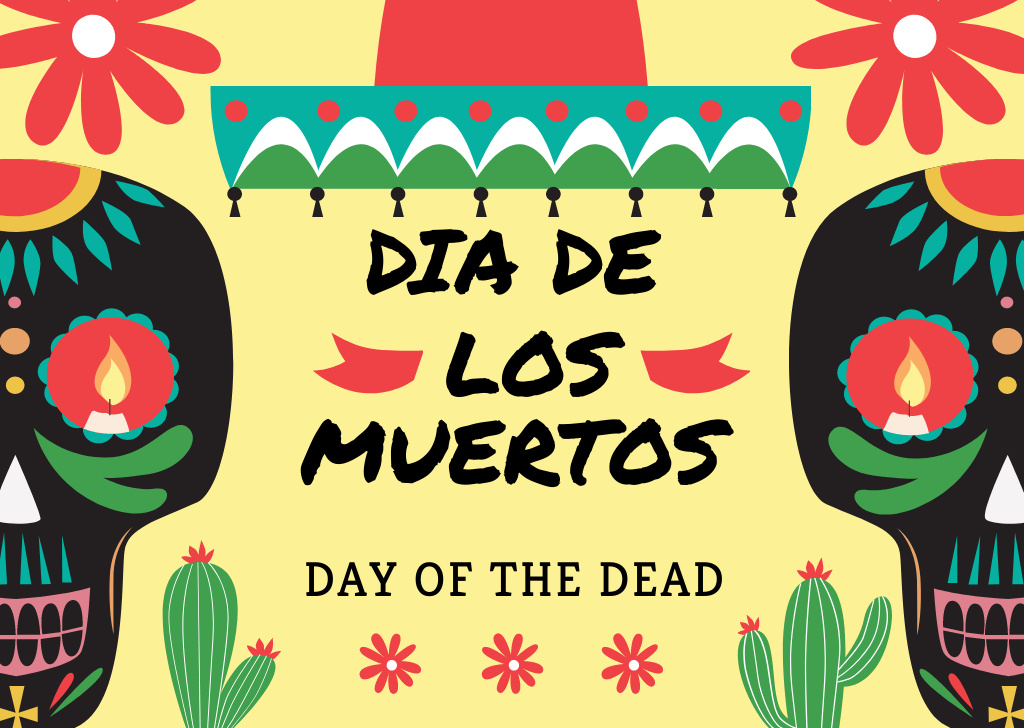Ontwerpsjabloon van Postcard van Day of the dead Announcement with Festive Skulls
