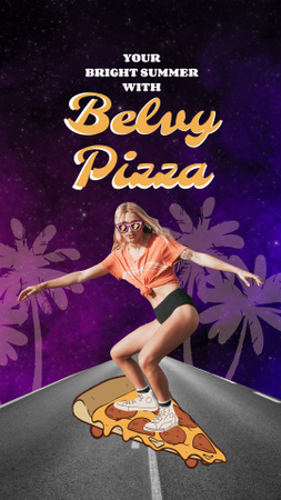 Funny Illustration of Woman on Pizza-Skateboard Instagram Story Design Template