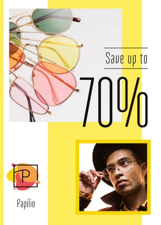 Designvorlage Sunglasses Sale Stylish Men in Yellow für Flayer
