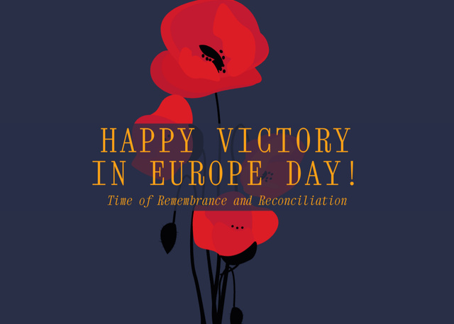 Victory Day Celebration with Red Poppy on Blue Postcard 5x7in Design Template