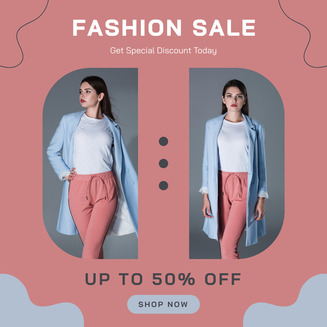 Fashion Sale Ad with Woman in Blue Cardigan Instagram Modelo de Design