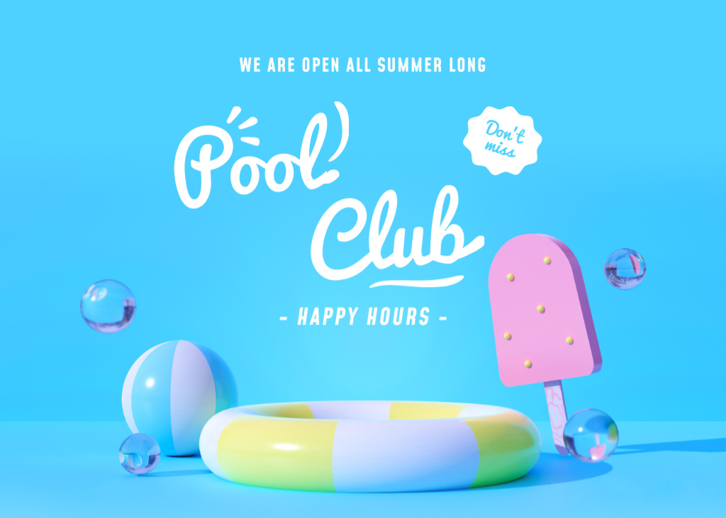 Pool Club Happy Hours Ad with Yellow Ring Flyer 5x7in Horizontal Modelo de Design
