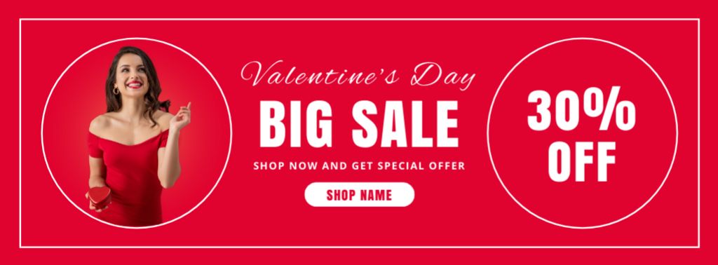 Big Valentine's Day Sale with Beautiful Woman in Red Facebook cover Modelo de Design