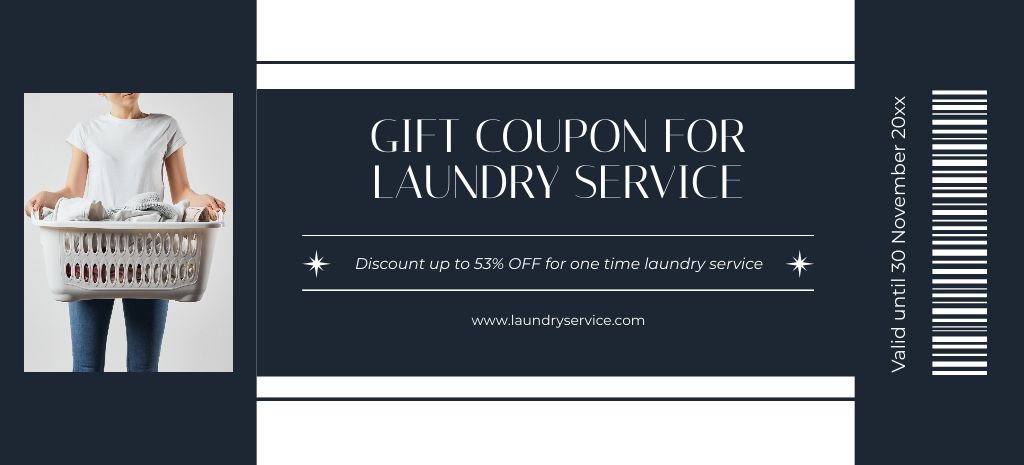 Discount Voucher for Laundry Services with Woman and Basket Coupon 3.75x8.25in Tasarım Şablonu