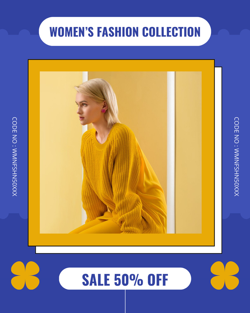 Women's Fashion Collection Ad with Woman in Yellow Outfit Instagram Post Vertical tervezősablon