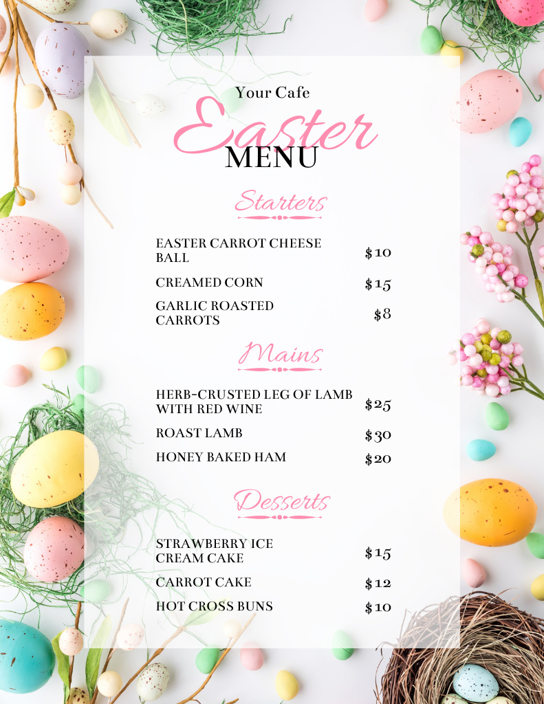 Offer of Easter Meals with Bright Decorative Eggs Menu 8.5x11in Modelo de Design
