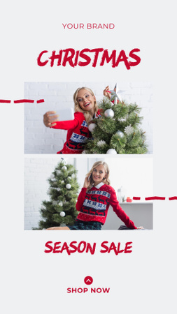 Cheerful Woman Taking Selfie with Christmas tree Instagram Story Design Template