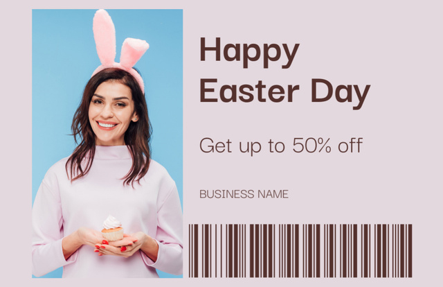 Happy Woman in Easter Bunny Ears Holding Cupcake Thank You Card 5.5x8.5in Design Template