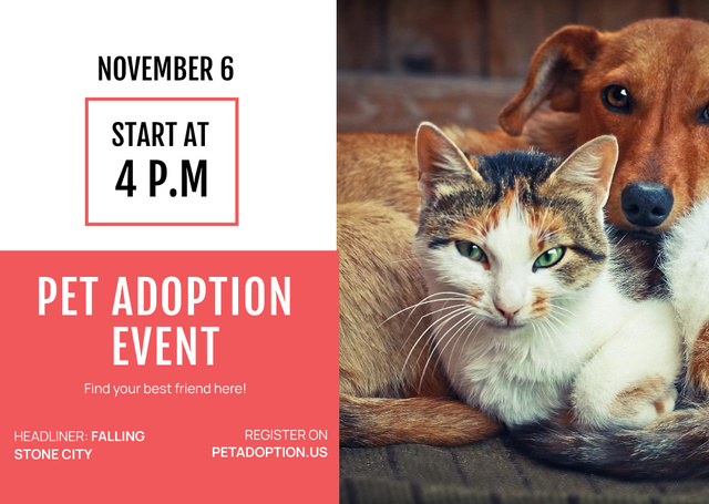 Pet Adoption Event Announcement with Cute Dog and Cat Flyer A6 Horizontal tervezősablon