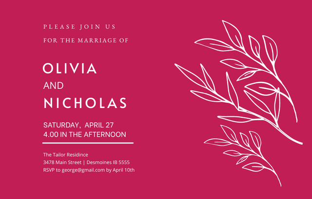 Wedding Celebration Ceremony With Leaves In Pink Invitation 4.6x7.2in Horizontal – шаблон для дизайну
