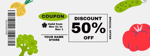 Cute Illustration Of Veggies With Discount In Grocery Coupon Design Template