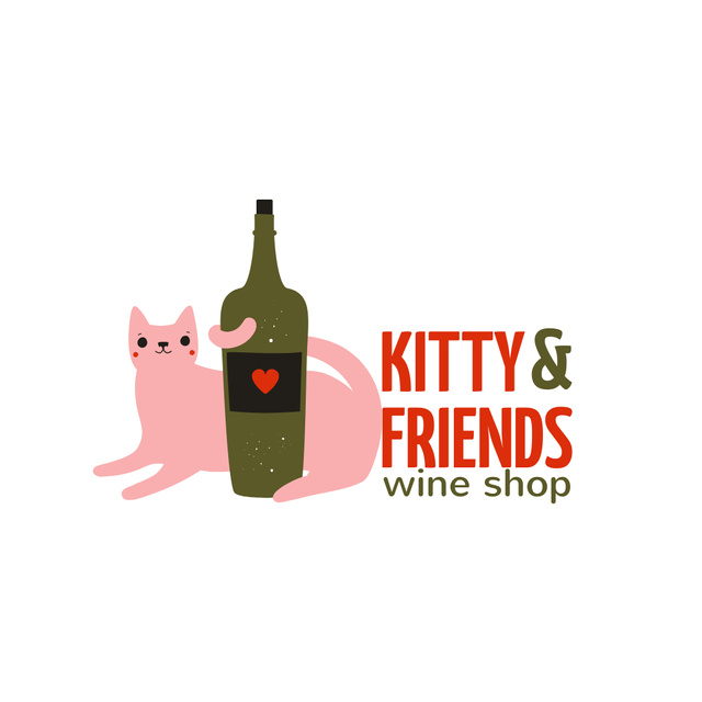 Wine Shop Ad with Cute Cat and Bottle Logo Design Template