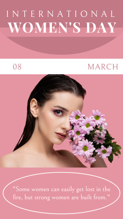 Designvorlage Internationale Frauentagsfeier mit Frau mit lila Blumen für Instagram Story