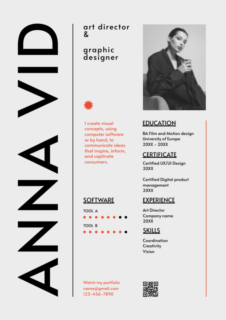 Ontwerpsjabloon van Resume van Art Director And Graphic Designer Skills With Certificate