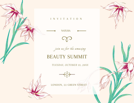 Beauty Summit Announcement on Spring Flowers Invitation 13.9x10.7cm Horizontal Design Template