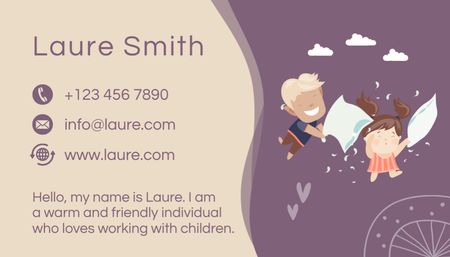 Babysitting Services Ad with Kids Playing Pillow Fight Business Card US Design Template