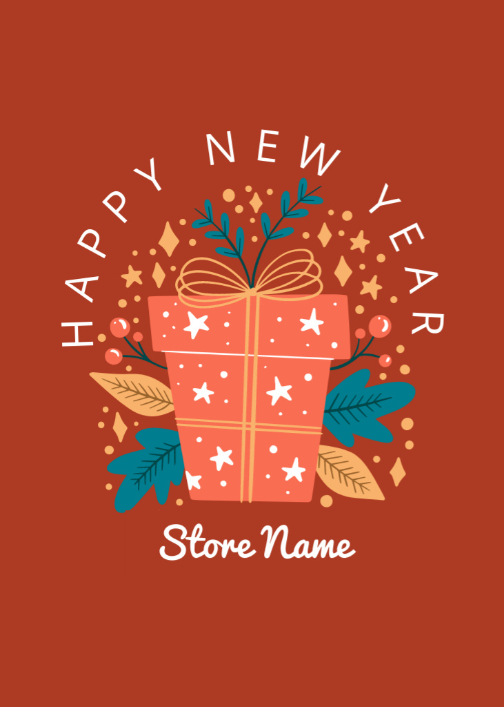 Template di design Happy New Year Wishes with Illustrated Gift Box Postcard 5x7in Vertical
