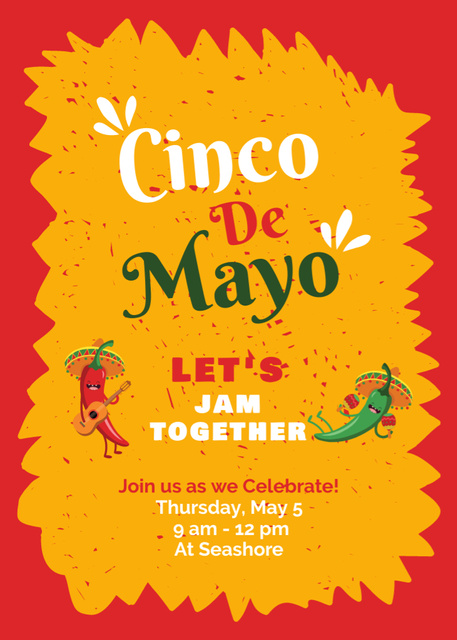 Ontwerpsjabloon van Invitation van Cinco de Mayo Ad with Two Funny Peppers in Orange and Red