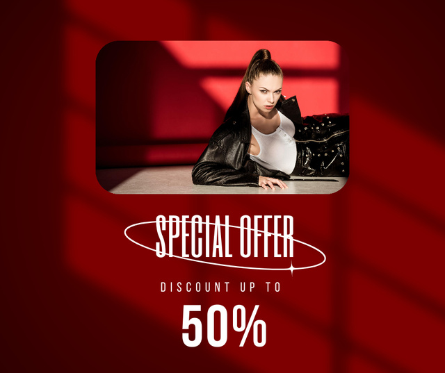 Special Fashion Offer with Woman in Black Outfit Facebook Modelo de Design