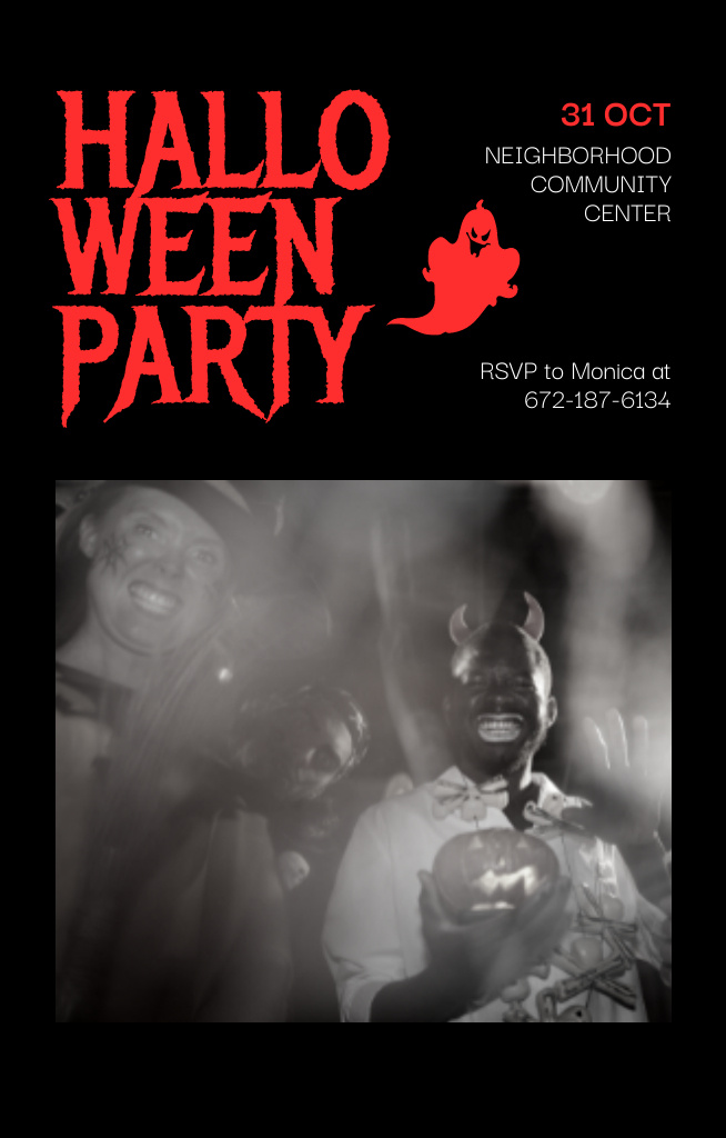 Template di design People in Costumes on Halloween's Party om Black Invitation 4.6x7.2in