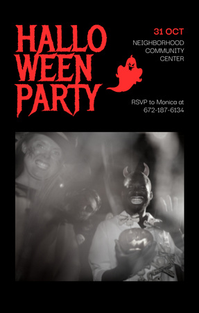 People in Costumes on Halloween's Party om Black Invitation 4.6x7.2in Design Template